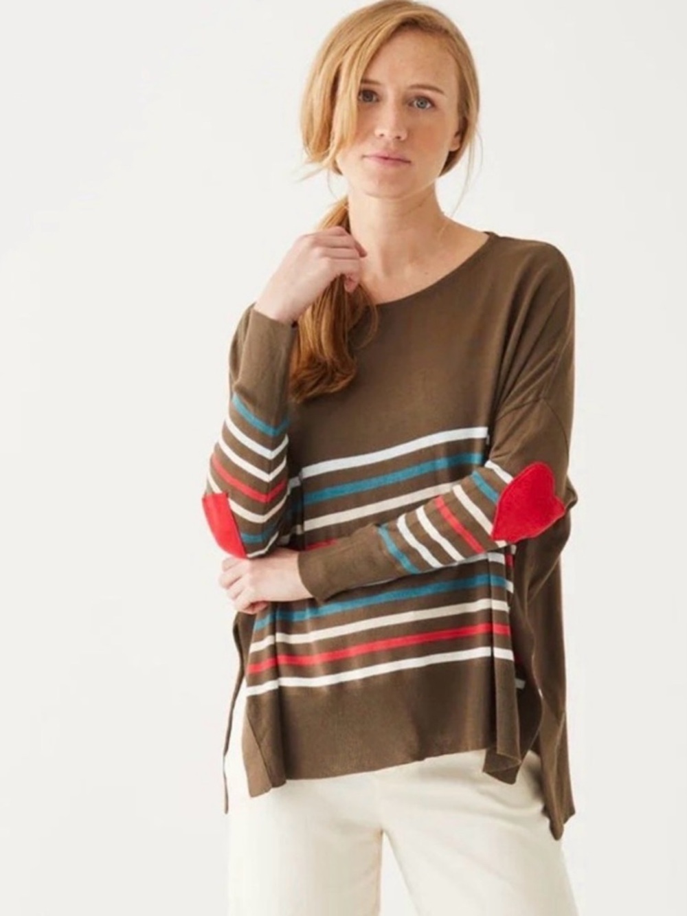 Mersea Amour Striped Tunic Sweater One Size Heart Elbow Patch Coastal Boho